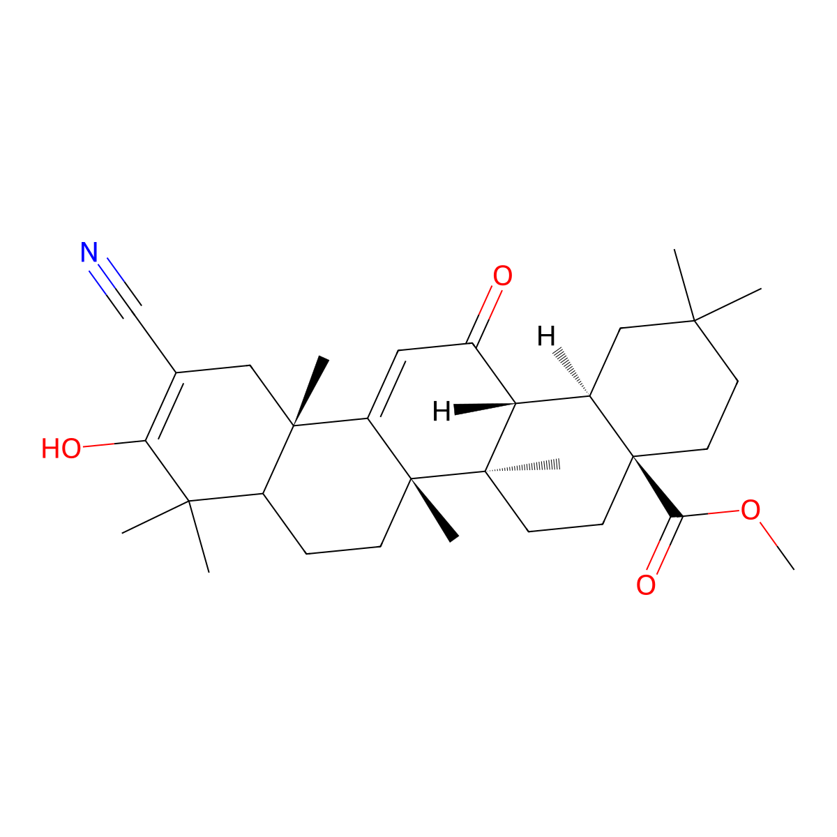 (4aS,6aR,6bS,12aS,14aR,14bR)-methyl 11-cyano-10-hydroxy-2,2,6a,6b,9,9,12a-heptamethyl-14-oxo-1,2,3,4,4a,5,6,6a,6b,7,8,8a,9,12,12a,14,14a,14b-octadecahydropicene-4a-carboxylate molecular structure, CAS 305818-40-0