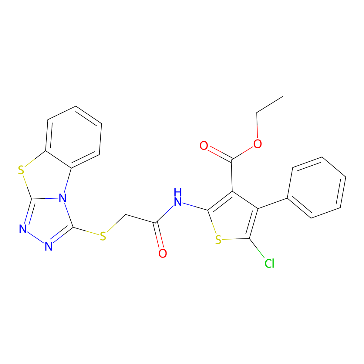 Ethyl 5-chloro-4-phenyl-2-{[([1,2,4]triazolo[3,4-B][1,3]benzothiazol-3-ylsulfanyl)acetyl]amino}-3-thiophenecarboxylate molecular structure, CAS 305854-81-3