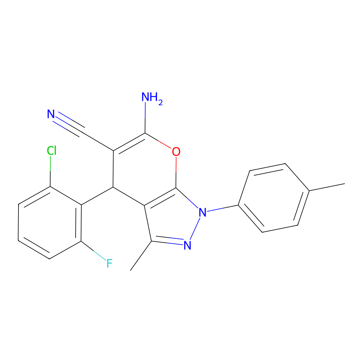 6-Amino-4-(2-chloro-6-fluorophenyl)-3-methyl-1-(4-methylphenyl)-1,4-dihydropyrano[2,3-c]pyrazole-5-carbonitrile molecular structure, CAS 305862-70-8