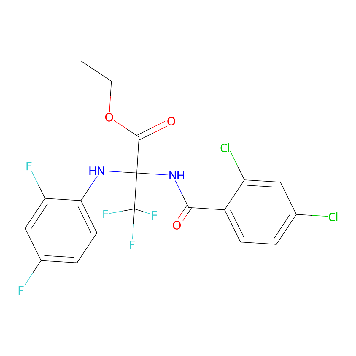 Ethyl 2-[(2,4-dichlorobenzoyl)amino]-2-(2,4-difluoroanilino)-3,3,3-trifluoropropanoate molecular structure, CAS 305862-82-2