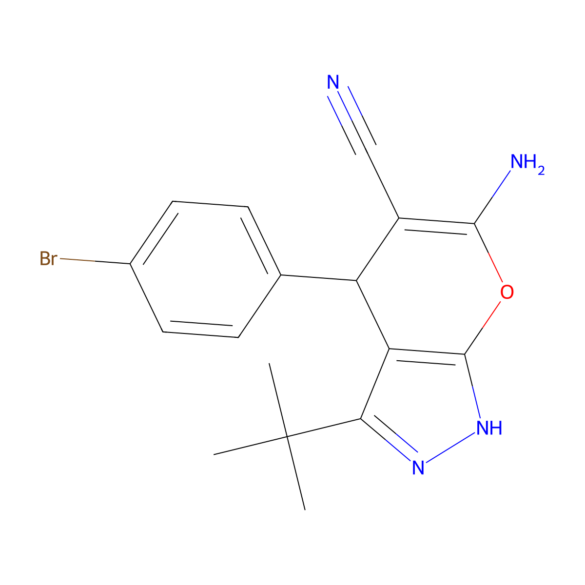 6-Amino-4-(4-bromophenyl)-3-tert-butyl-1,4-dihydropyrano[2,3-c]pyrazole-5-carbonitrile molecular structure, CAS 305862-96-8