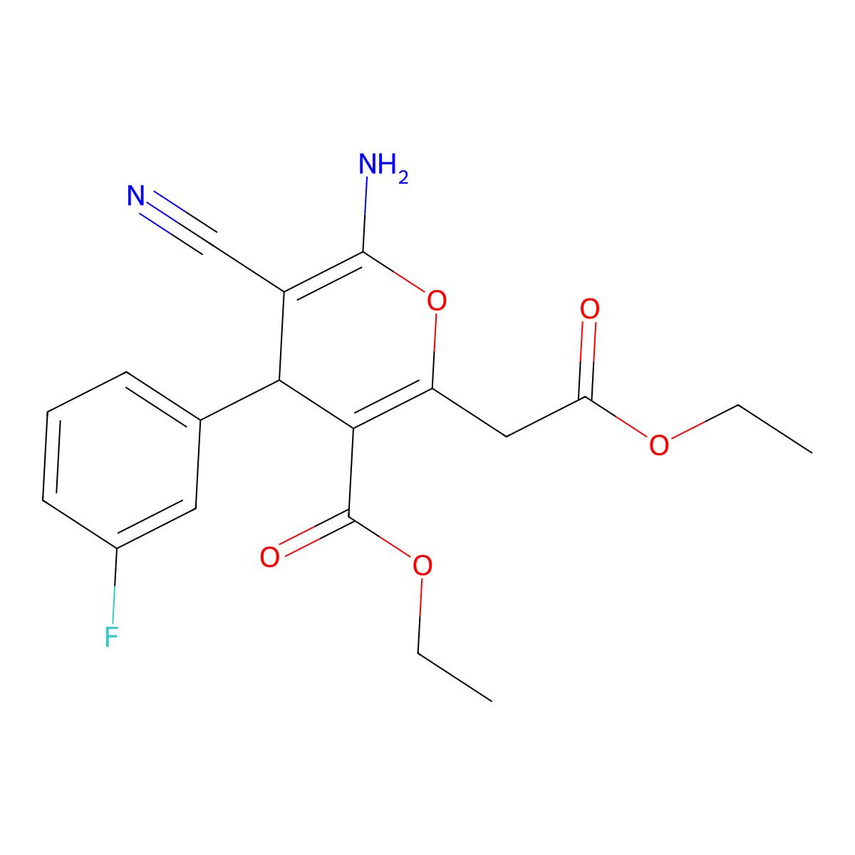 ethyl 6-amino-5-cyano-2-(2-ethoxy-2-oxoethyl)-4-(3-fluorophenyl)-4H-pyran-3-carboxylate molecular structure, CAS 305864-84-0