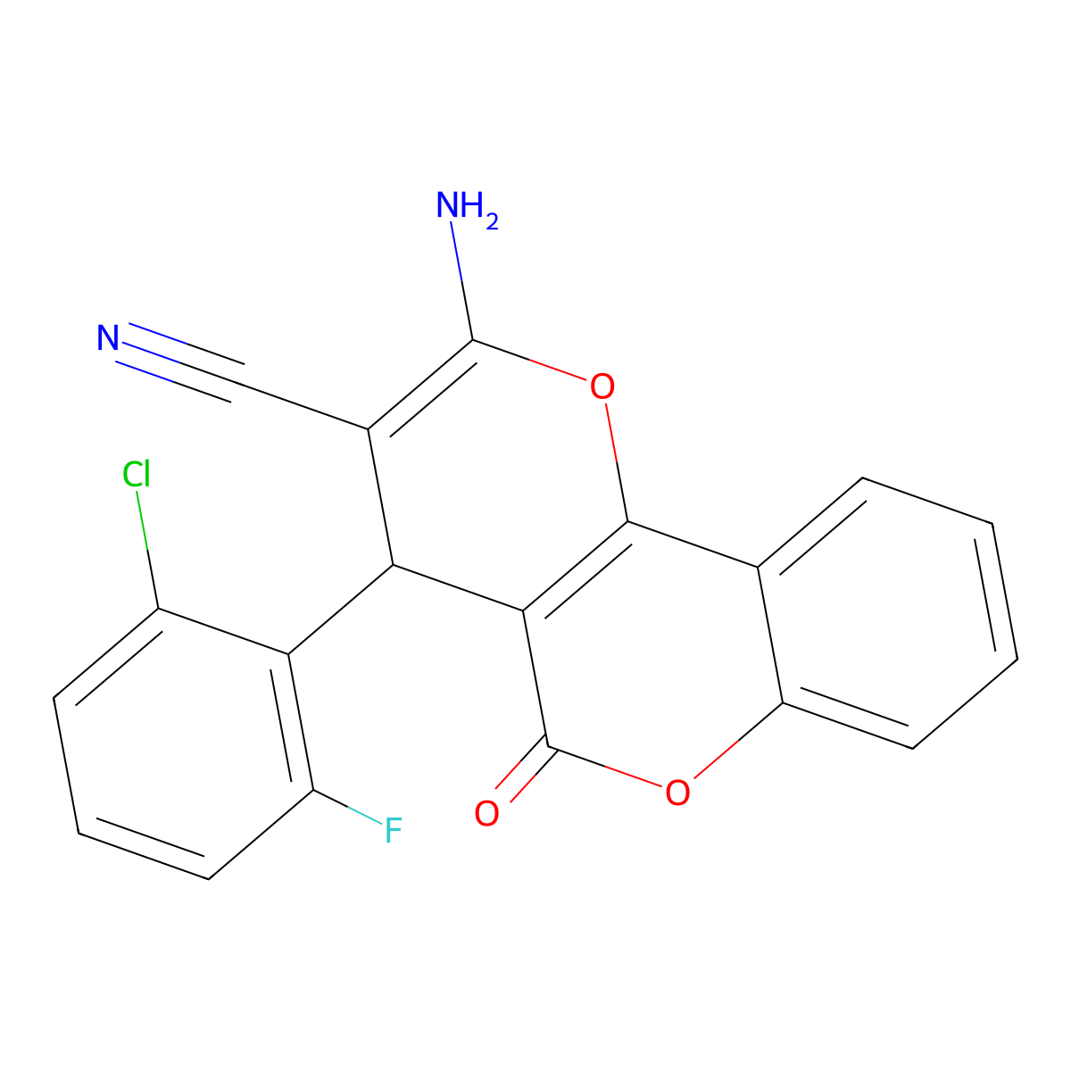 2-amino-4-(2-chloro-6-fluorophenyl)-5-oxo-4H-pyrano[3,2-c]chromene-3-carbonitrile molecular structure, CAS 305865-12-7