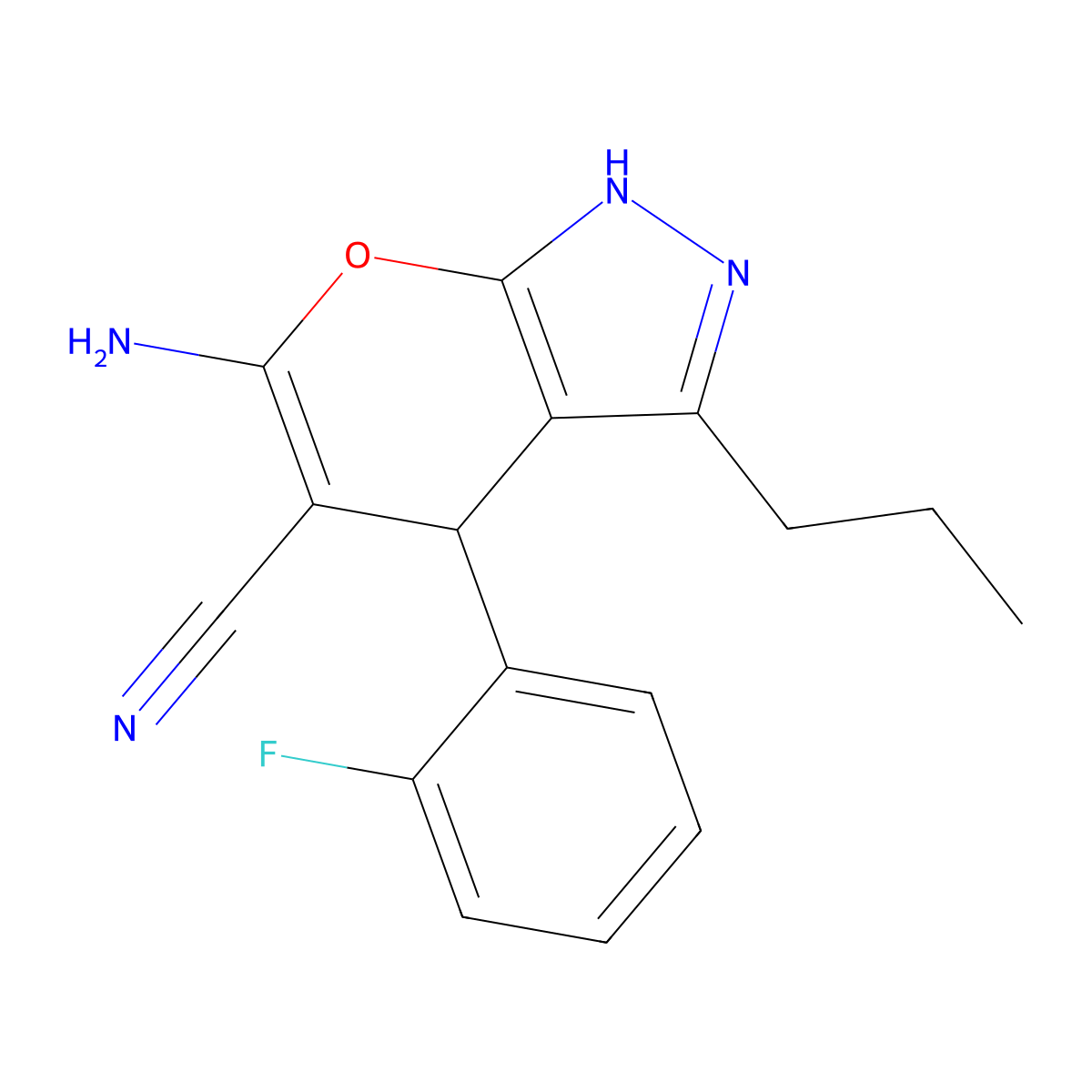 6-Amino-4-(2-fluorophenyl)-3-propyl-2,4-dihydropyrano[2,3-c]pyrazole-5-carbonitrile molecular structure, CAS 305865-45-6
