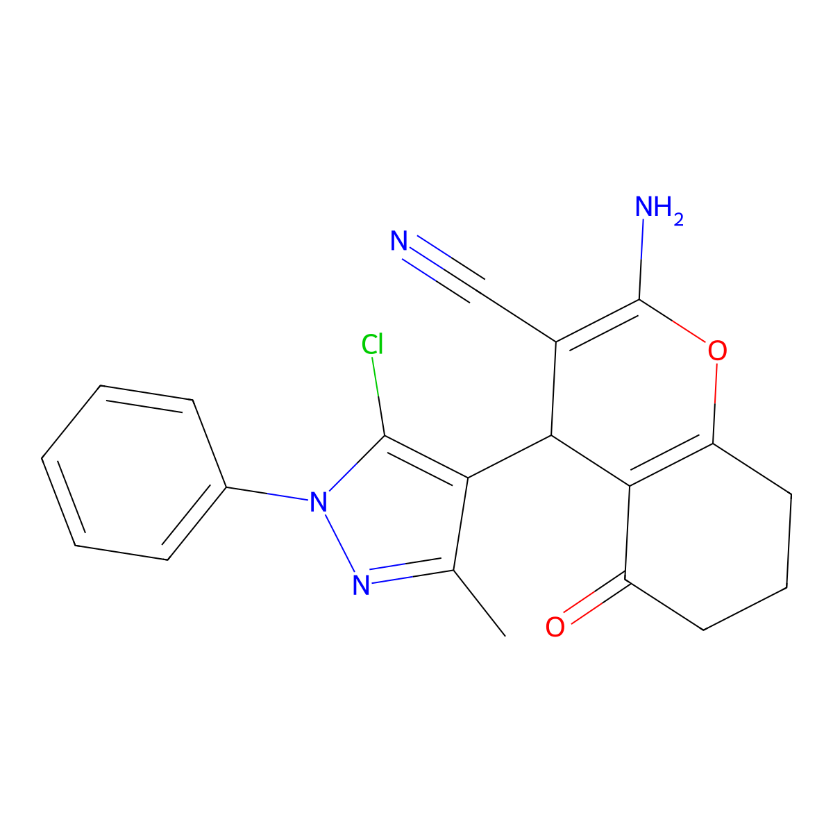 2-Amino-4-(5-chloro-3-methyl-1-phenyl-1H-pyrazol-4-yl)-5-oxo-5,6,7,8-tetrahydro-4H-chromene-3-carbonitrile molecular structure, CAS 305865-51-4