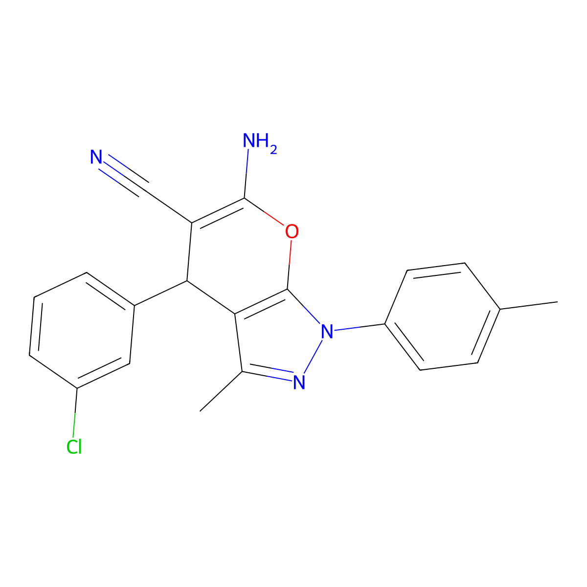 6-amino-4-(3-chlorophenyl)-3-methyl-1-(4-methylphenyl)-1H,4H-pyrano[2,3-c]pyrazole-5-carbonitrile molecular structure, CAS 305865-93-4