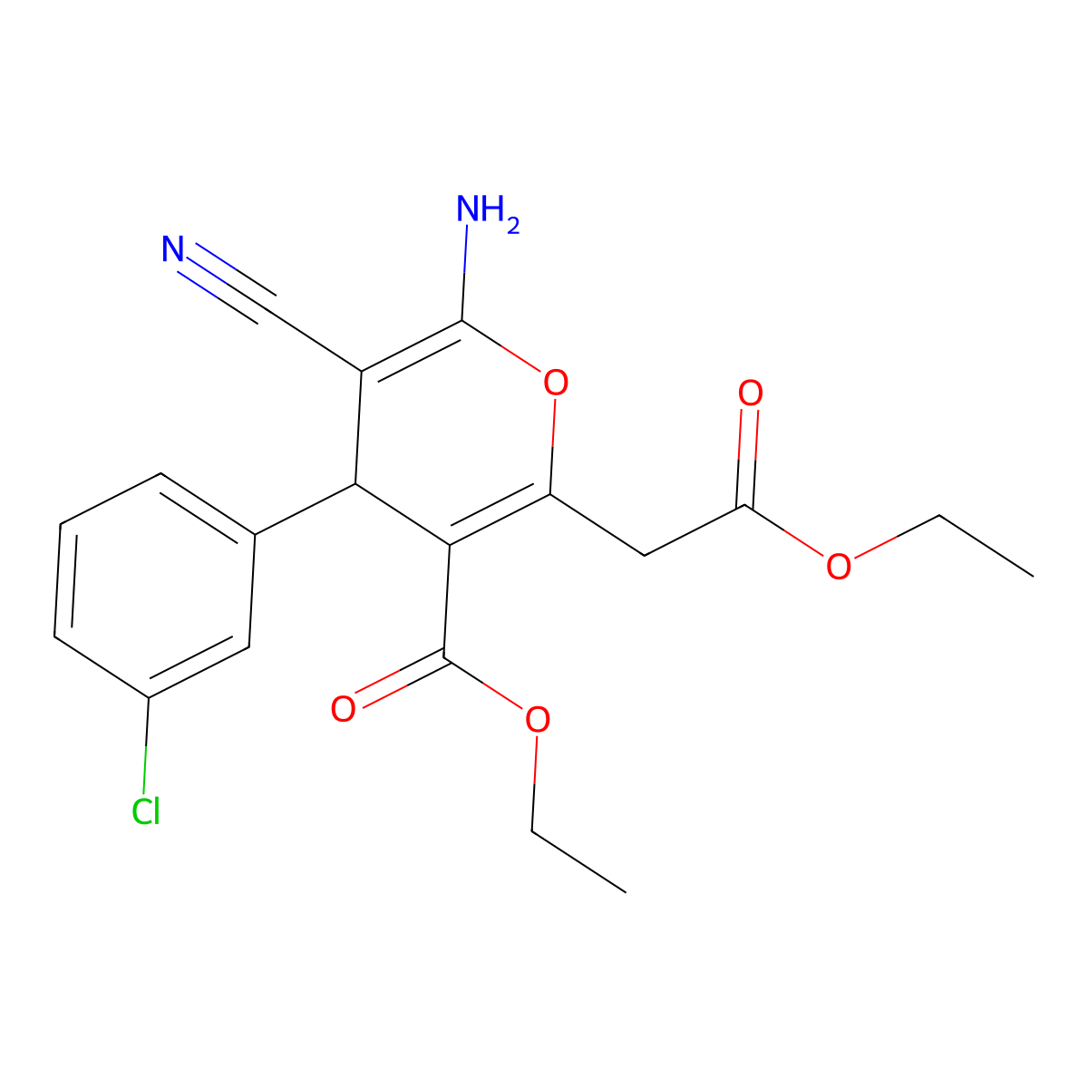 ethyl 6-amino-4-(3-chlorophenyl)-5-cyano-2-(2-ethoxy-2-oxoethyl)-4H-pyran-3-carboxylate molecular structure, CAS 305866-40-4