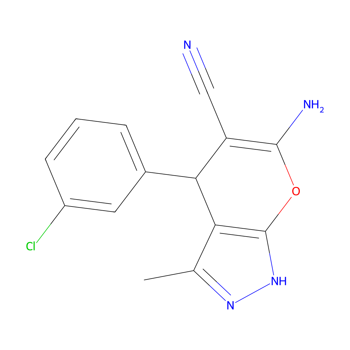 6-Amino-4-(3-chlorophenyl)-3-methyl-1,4-dihydropyrano[2,3-c]pyrazole-5-carbonitrile molecular structure, CAS 305867-24-7