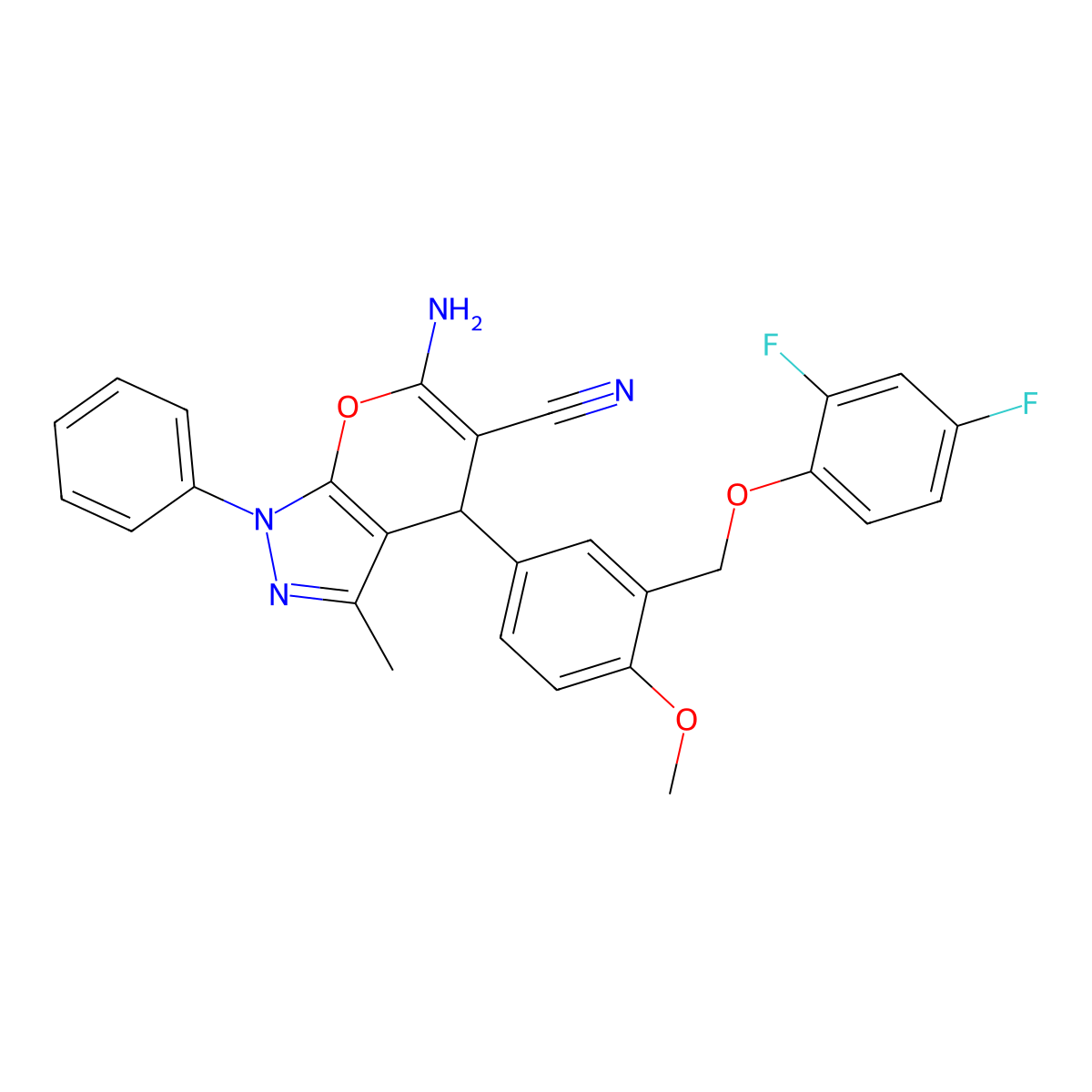 6-Amino-4-{3-[(2,4-difluorophenoxy)methyl]-4-methoxyphenyl}-3-methyl-1-phenyl-1,4-dihydropyrano[2,3-c]pyrazole-5-carbonitrile molecular structure, CAS 305867-69-0