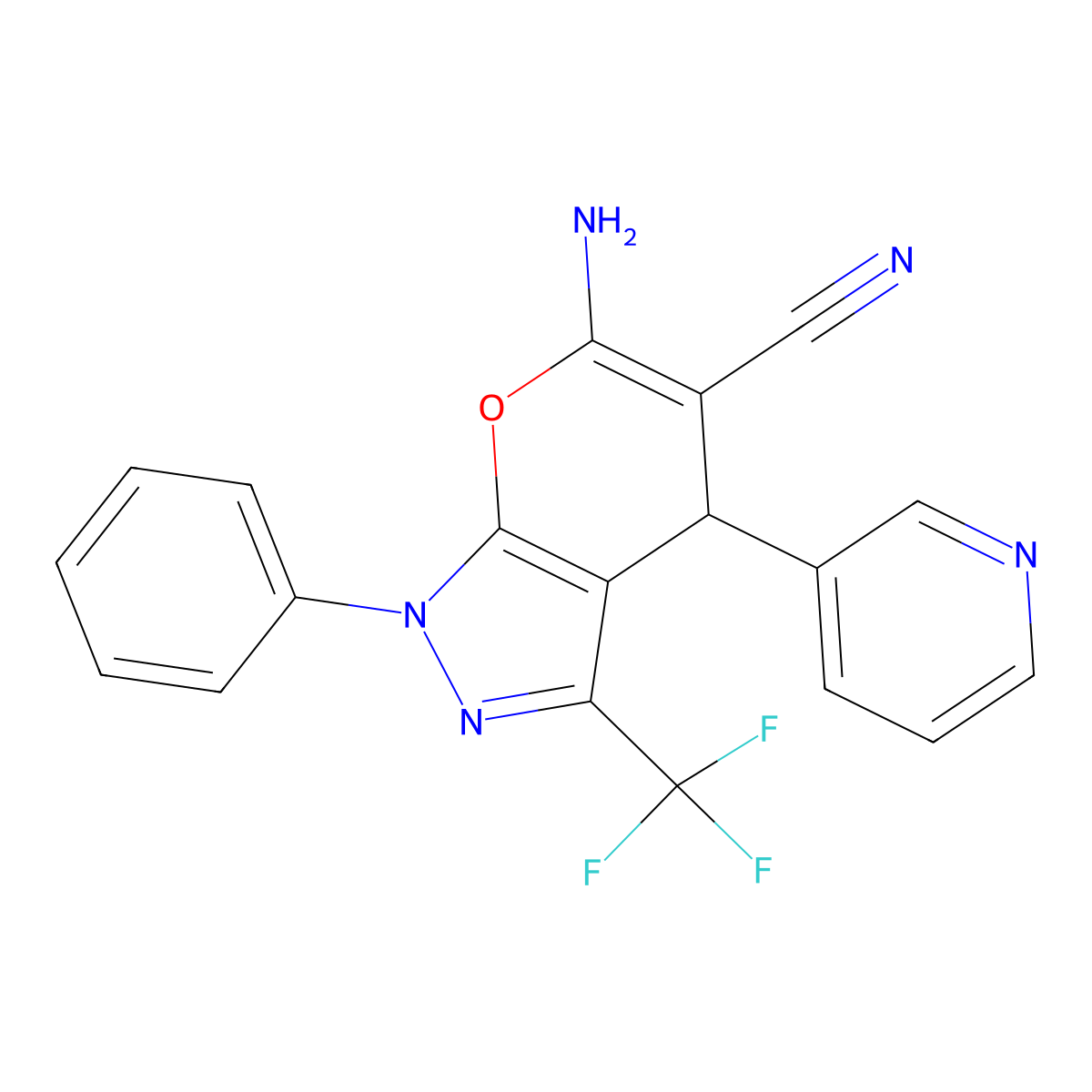 6-Amino-1-phenyl-4-(pyridin-3-yl)-3-(trifluoromethyl)-1,4-dihydropyrano[2,3-c]pyrazole-5-carbonitrile molecular structure, CAS 305868-30-8