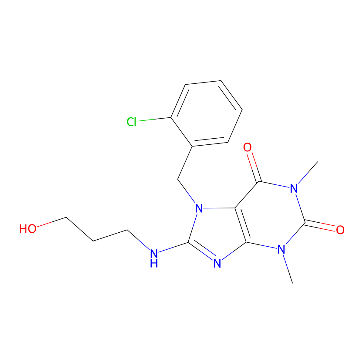 7-(2-chlorobenzyl)-8-((3-hydroxypropyl)amino)-1,3-dimethyl-1H-purine-2,6(3H,7H)-dione molecular structure, CAS 305868-50-2