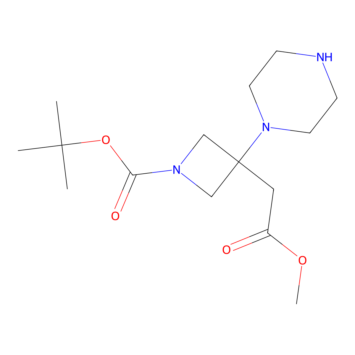 Tert-butyl 3-(2-methoxy-2-oxoethyl)-3-(piperazin-1-yl)azetidine-1-carboxylate molecular structure, CAS 3059213-75-8