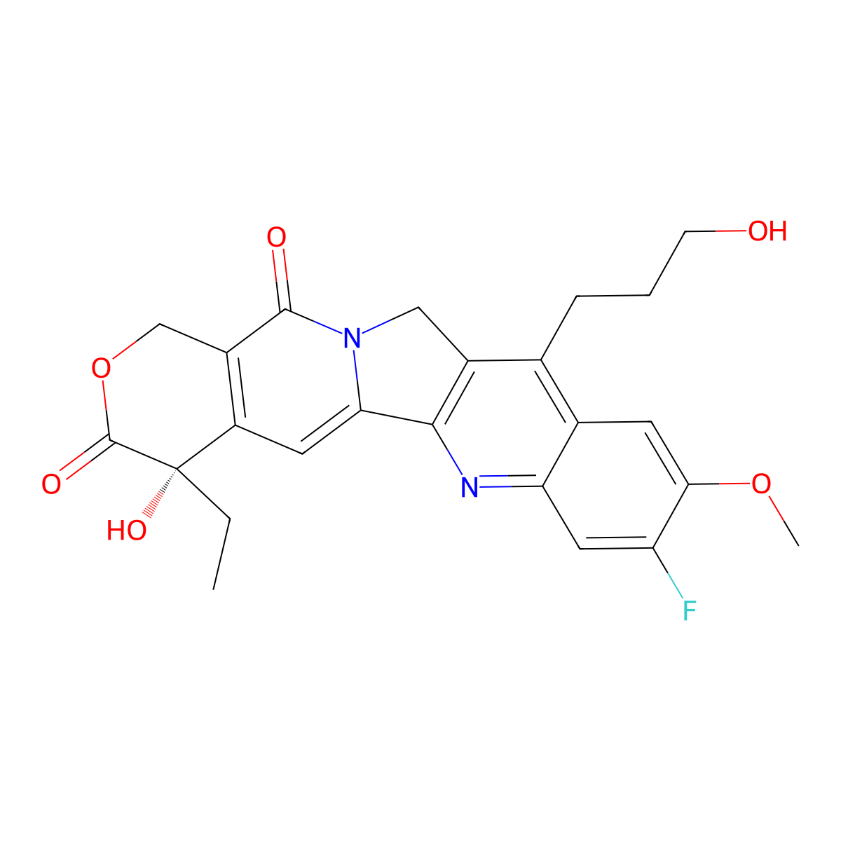 (19S)-19-ethyl-6-fluoro-19-hydroxy-10-(3-hydroxypropyl)-7-methoxy-17-oxa-3,13-diazapentacyclo[11.8.0.02,11.04,9.015,20]henicosa-1(21),2,4,6,8,10,15(20)-heptaene-14,18-dione molecular structure, CAS 3059452-79-5