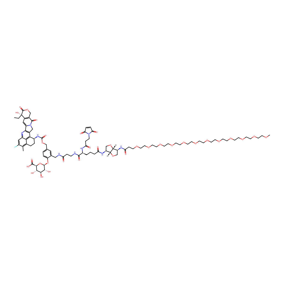 Mal((3S,3aR,6S,6aR)-Hexahydrofuro[3,2-b]furan-3,6-diamine-PEG12)-beta-Glu-PAB-Exatecan molecular structure, CAS 3059991-66-8