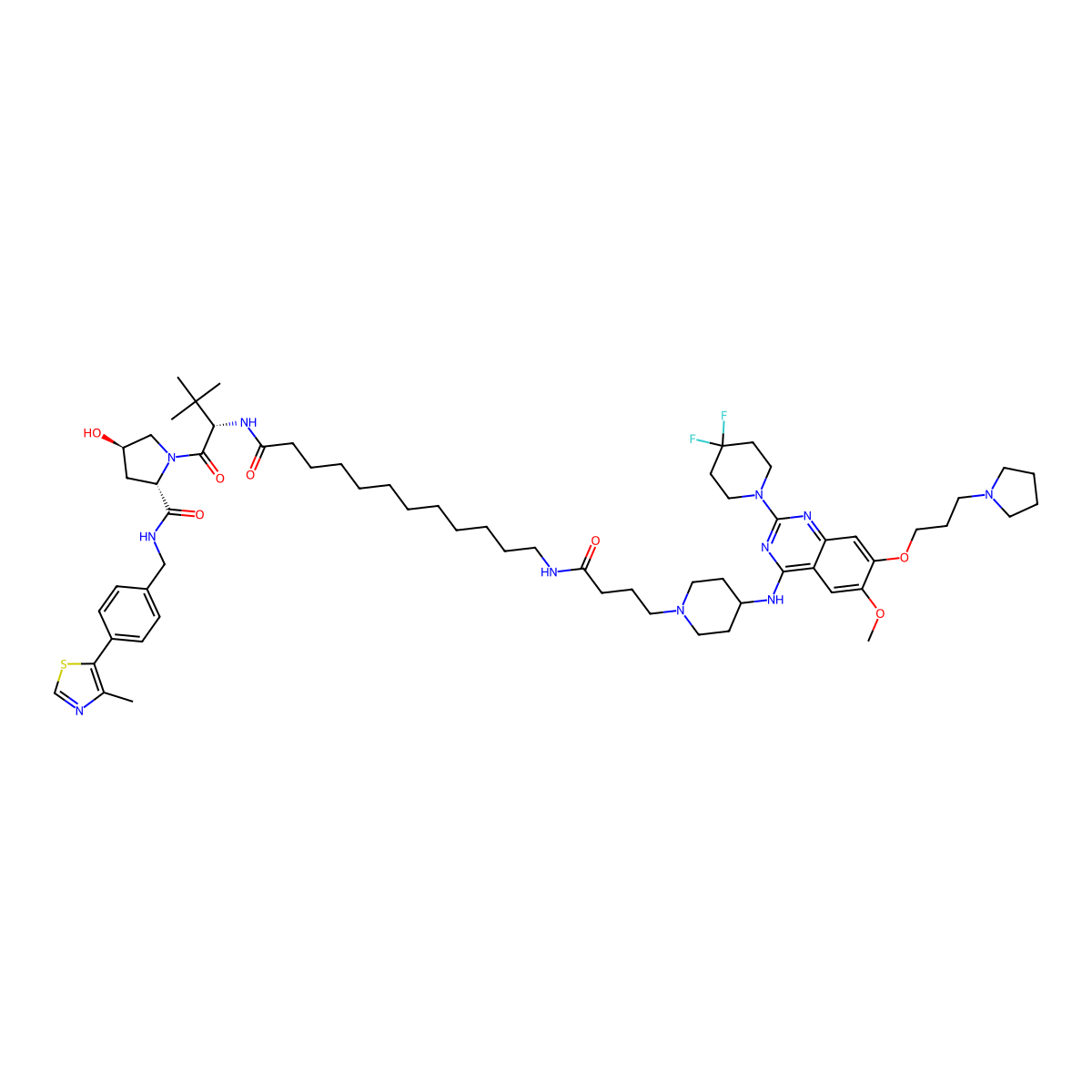 (2S,4R)-1-((S)-2-(12-(4-(4-((2-(4,4-difluoropiperidin-1-yl)-6-methoxy-7-(3-(pyrrolidin-1-yl)propoxy)quinazolin-4-yl)amino)piperidin-1-yl)butanamido)dodecanamido)-3,3-dimethylbutanoyl)-4-hydroxy-N-(4-(4-methylthiazol-5-yl)benzyl)pyrrolidine-2-carboxamide molecular structure, CAS 3060730-06-2