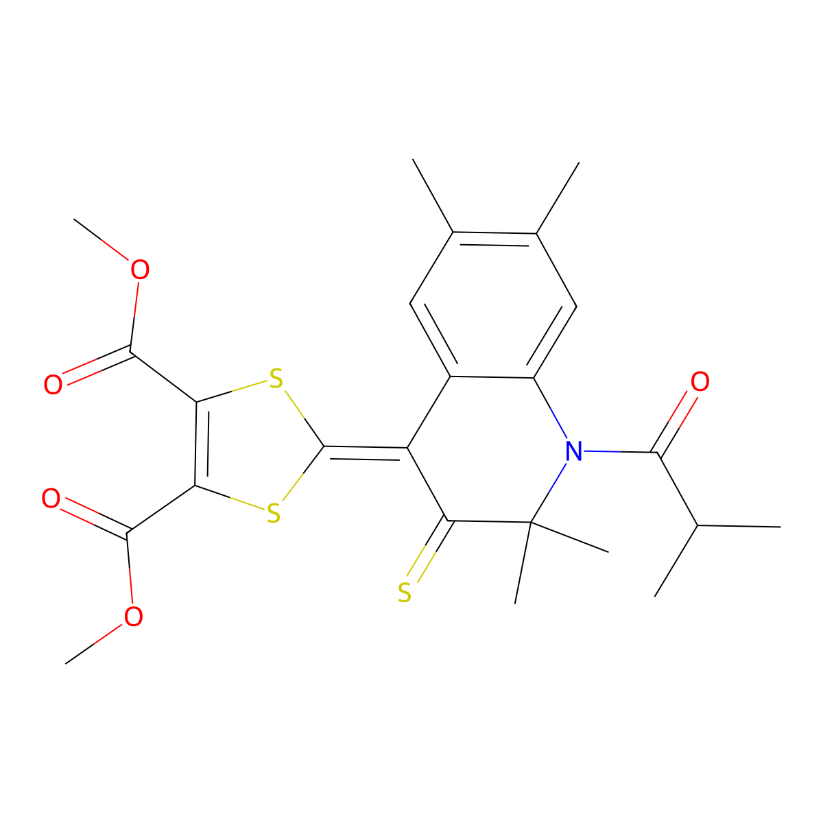 Dimethyl 2-[2,2,6,7-tetramethyl-1-(2-methylpropanoyl)-3-sulfanylidenequinolin-4-ylidene]-1,3-dithiole-4,5-dicarboxylate molecular structure, CAS 306272-79-7
