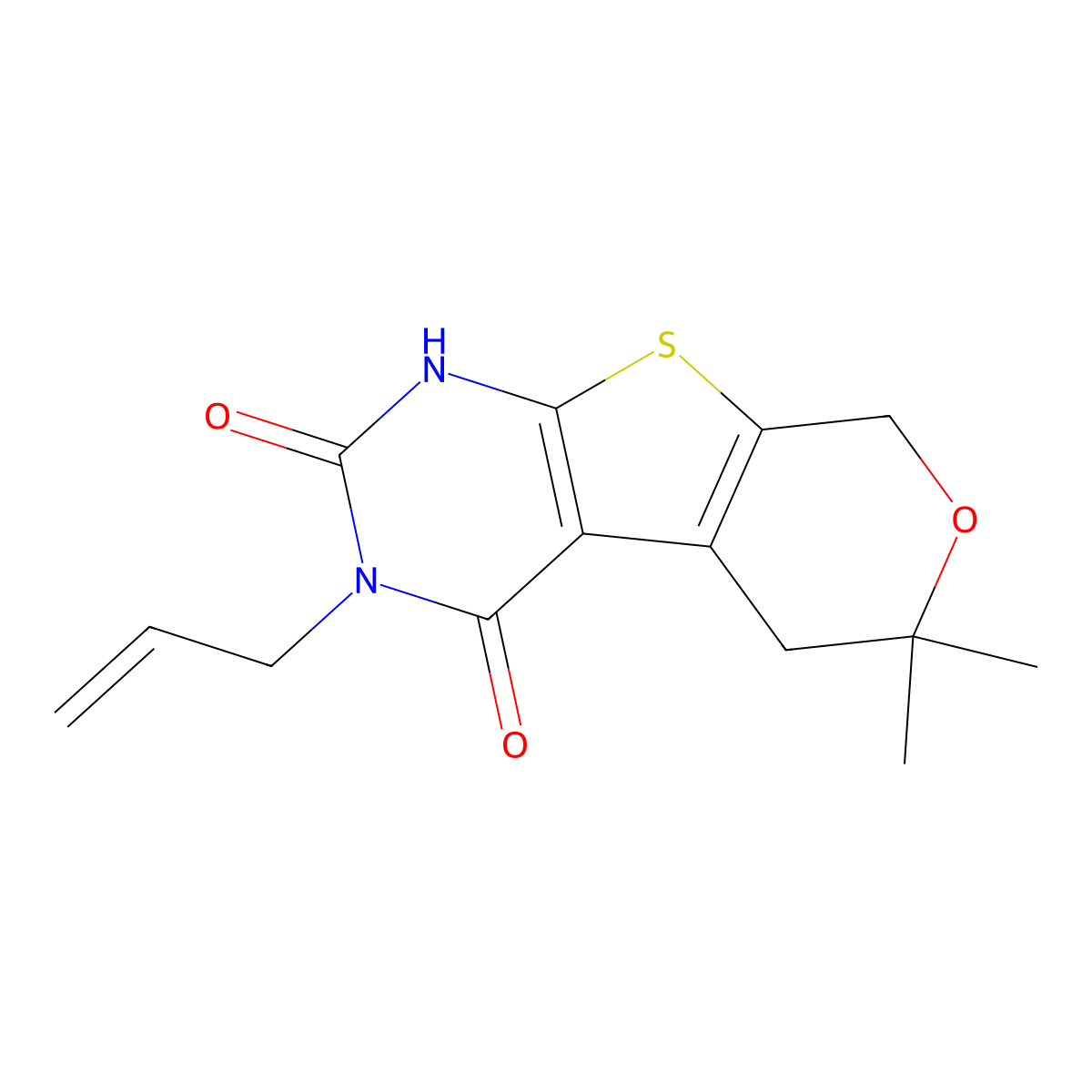 3-allyl-6,6-dimethyl-1,5,6,8-tetrahydro-2H-pyrano[4',3':4,5]thieno[2,3-d]pyrimidine-2,4(3H)-dione molecular structure, CAS 306272-98-0