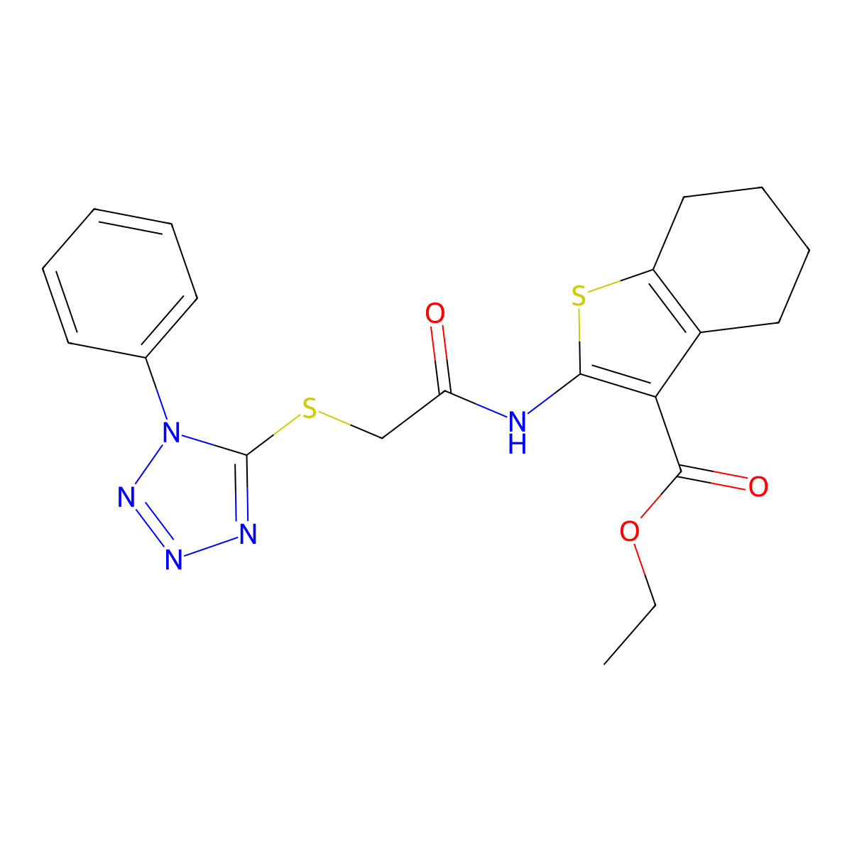 Ethyl 2-[[2-(1-phenyltetrazol-5-yl)sulfanylacetyl]amino]-4,5,6,7-tetrahydro-1-benzothiophene-3-carboxylate molecular structure, CAS 306278-26-2