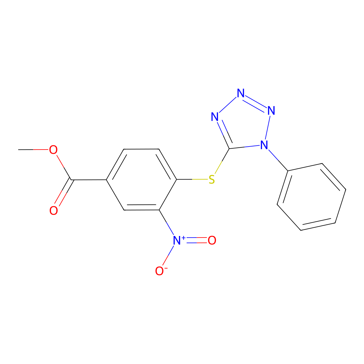 Methyl 3-nitro-4-((1-phenyl-1H-tetrazol-5-yl)thio)benzoate molecular structure, CAS 306278-32-0