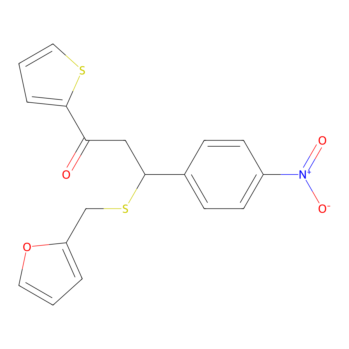 3-((Furan-2-ylmethyl)thio)-3-(4-nitrophenyl)-1-(thiophen-2-yl)propan-1-one molecular structure, CAS 306279-38-9
