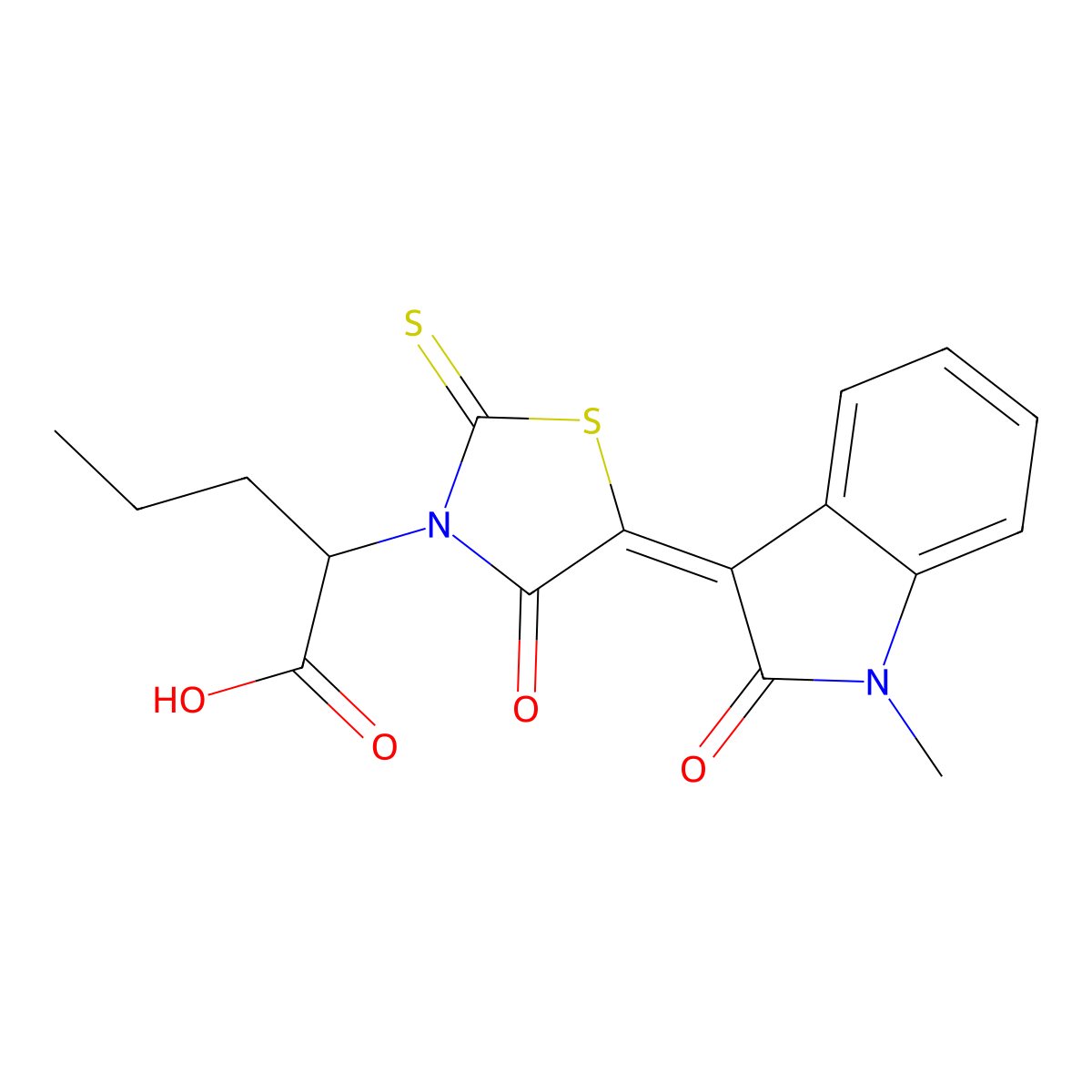 2-[5-(1-Methyl-2-oxo-1,2-dihydro-3H-indol-3-ylidene)-4-oxo-2-sulfanylidene-1,3-thiazolidin-3-yl]pentanoic acid molecular structure, CAS 306280-03-5