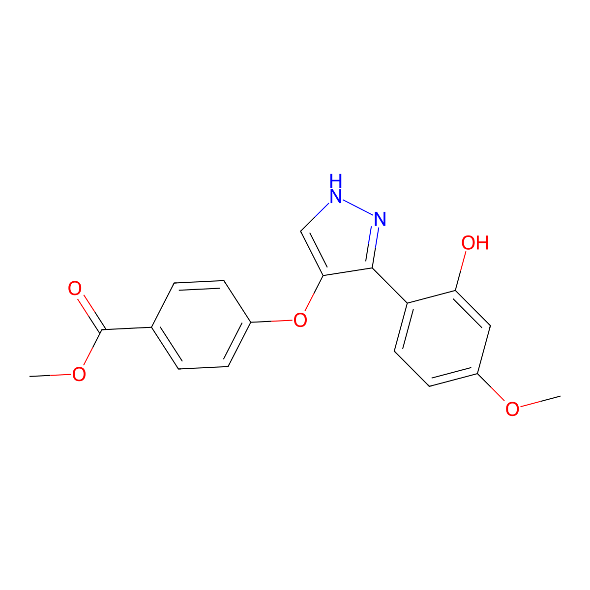 methyl 4-((3-(2-hydroxy-4-methoxyphenyl)-1H-pyrazol-4-yl)oxy)benzoate molecular structure, CAS 306280-10-4