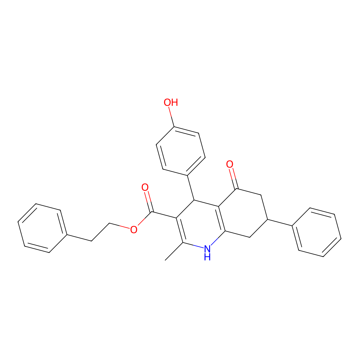 2-Phenylethyl 4-(4-hydroxyphenyl)-2-methyl-5-oxo-7-phenyl-1,4,5,6,7,8-hexahydroquinoline-3-carboxylate molecular structure, CAS 306284-99-1