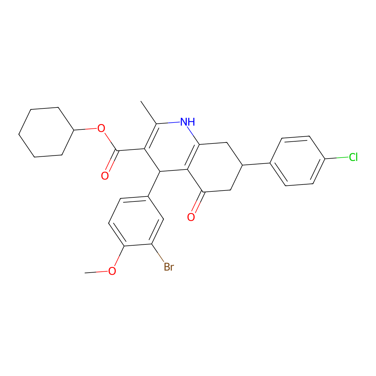 Cyclohexyl 4-(3-bromo-4-methoxyphenyl)-7-(4-chlorophenyl)-2-methyl-5-oxo-1,4,5,6,7,8-hexahydroquinoline-3-carboxylate molecular structure, CAS 306285-24-5