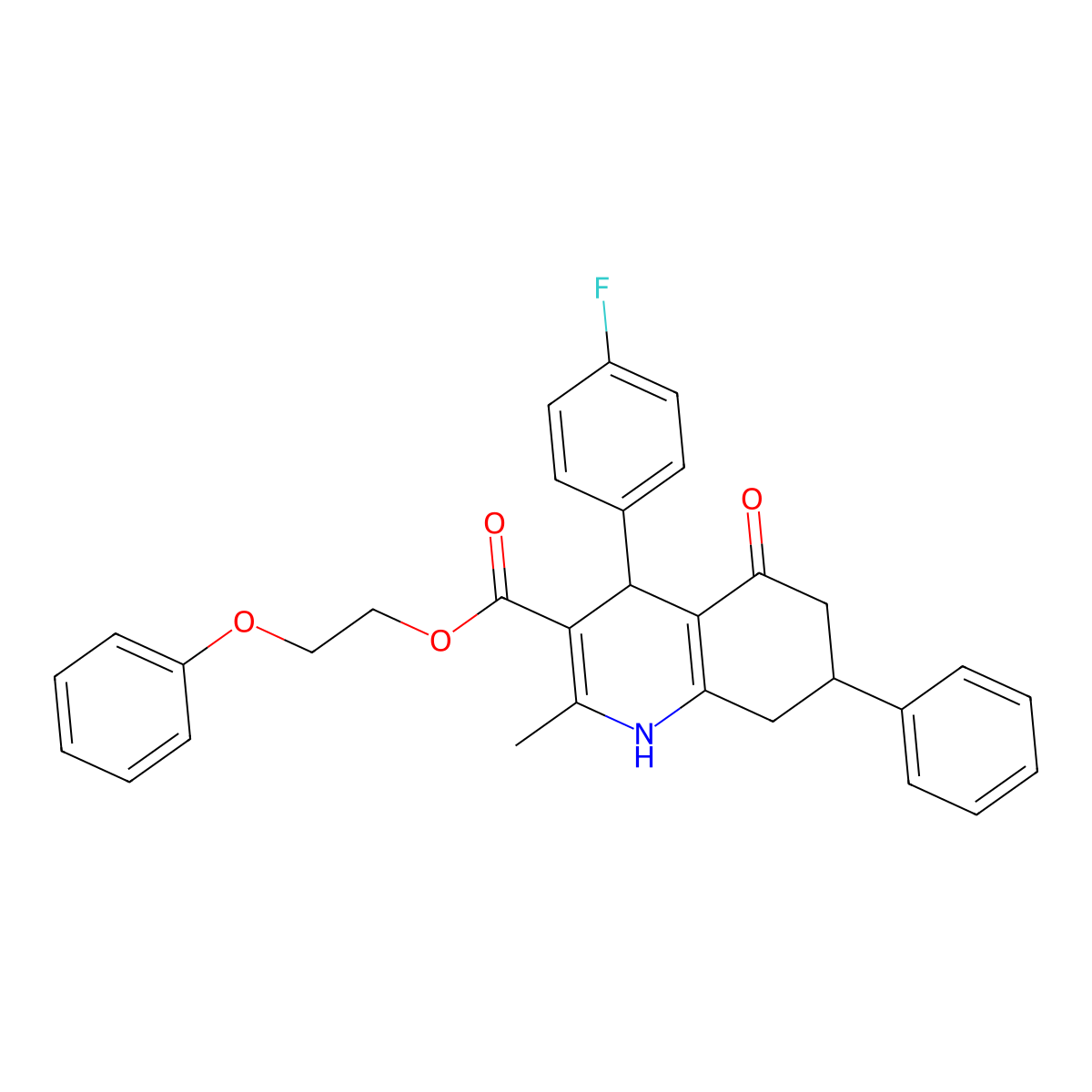 2-Phenoxyethyl 4-(4-fluorophenyl)-2-methyl-5-oxo-7-phenyl-1,4,5,6,7,8-hexahydroquinoline-3-carboxylate molecular structure, CAS 306285-45-0