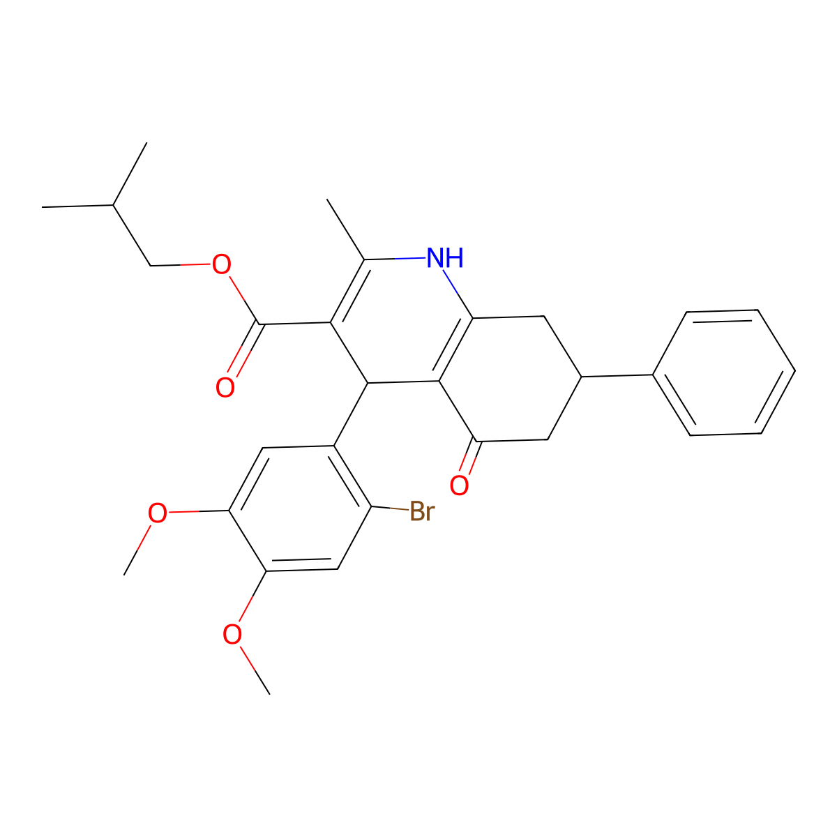 2-Methylpropyl 4-(2-bromo-4,5-dimethoxyphenyl)-2-methyl-5-oxo-7-phenyl-1,4,5,6,7,8-hexahydroquinoline-3-carboxylate molecular structure, CAS 306286-06-6