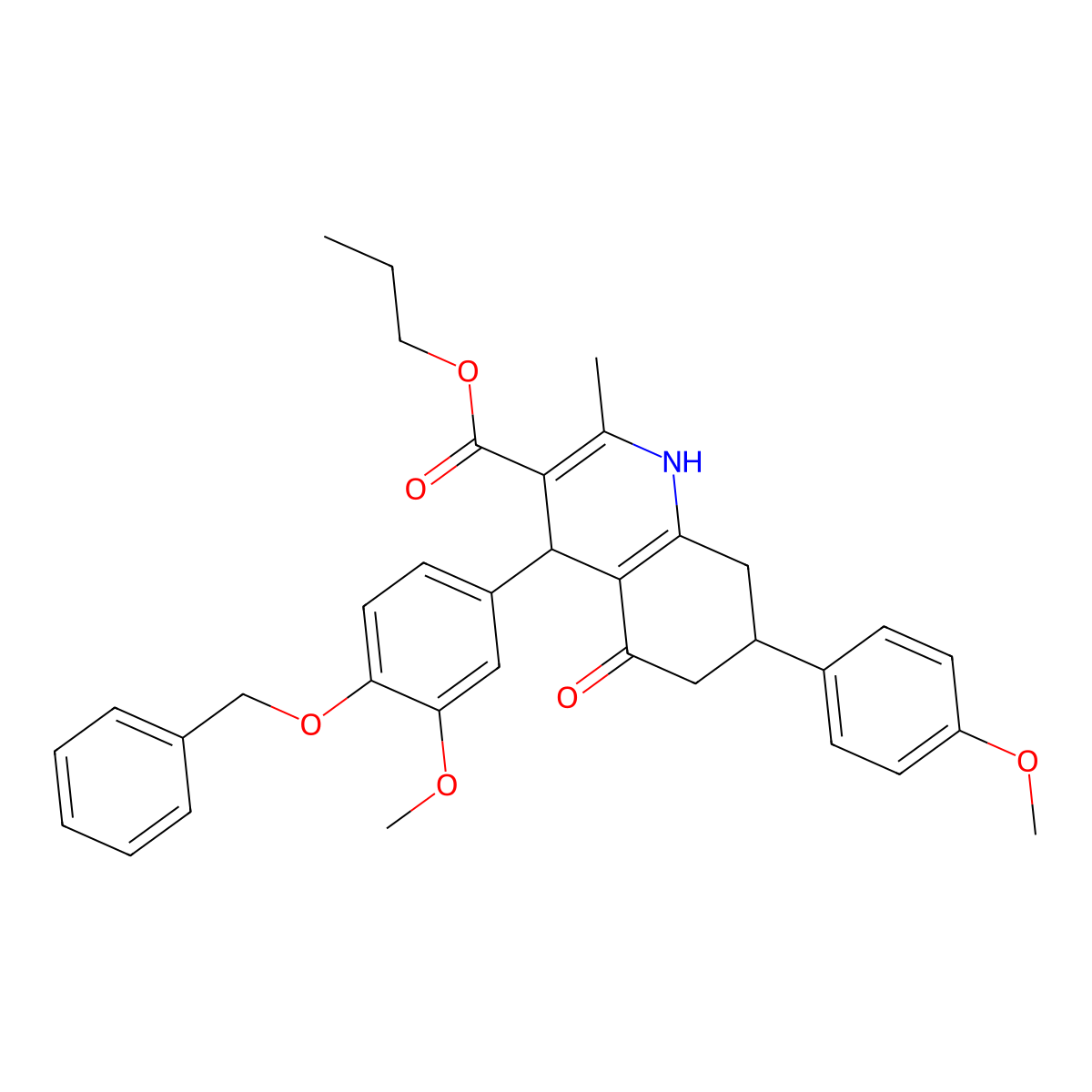 Propyl 4-[4-(benzyloxy)-3-methoxyphenyl]-7-(4-methoxyphenyl)-2-methyl-5-oxo-1,4,5,6,7,8-hexahydroquinoline-3-carboxylate molecular structure, CAS 306287-56-9