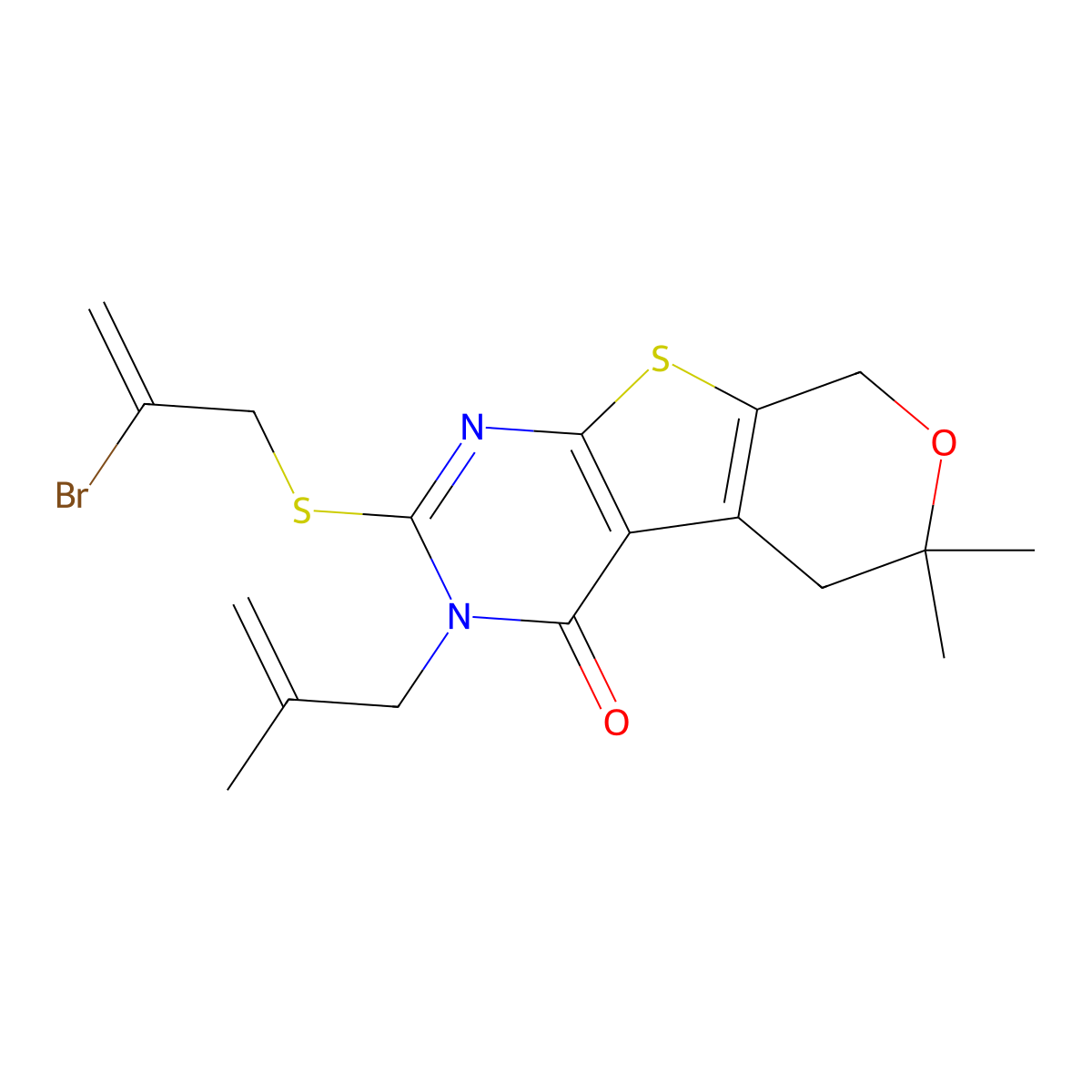 2-(2-Bromoprop-2-enylsulfanyl)-6,6-dimethyl-3-(2-methylprop-2-enyl)-5,8-dihydropyrano[2,3]thieno[2,4-b]pyrimidin-4-one molecular structure, CAS 306293-99-2