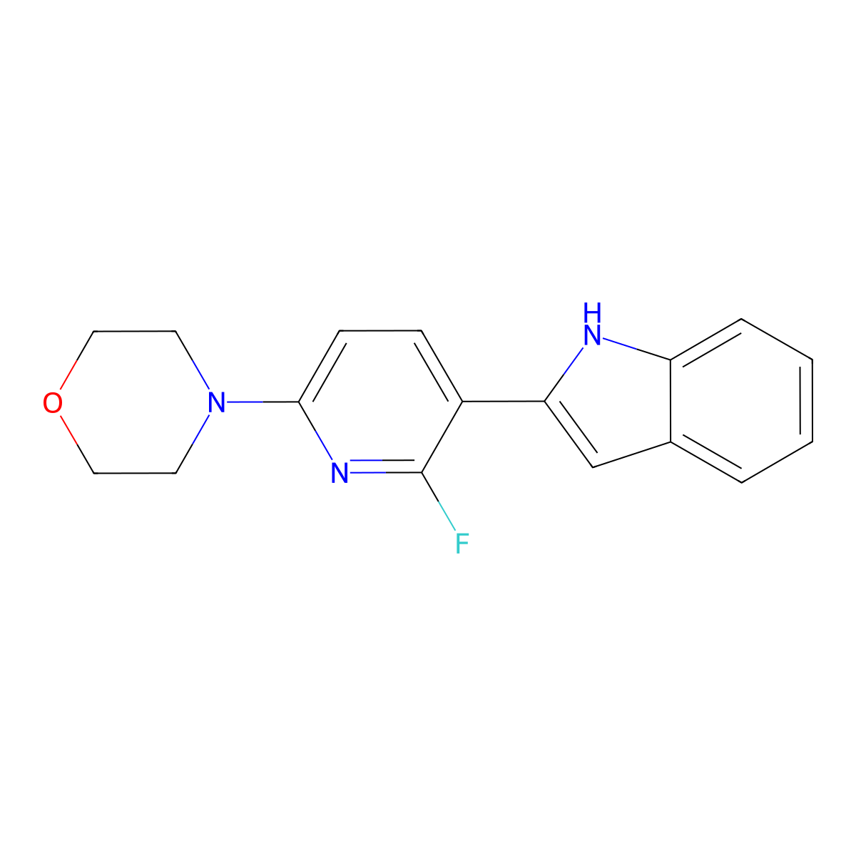 4-[6-fluoro-5-(1H-indol-2-yl)-2-pyridinyl]morpholine molecular structure, CAS 3063166-64-0