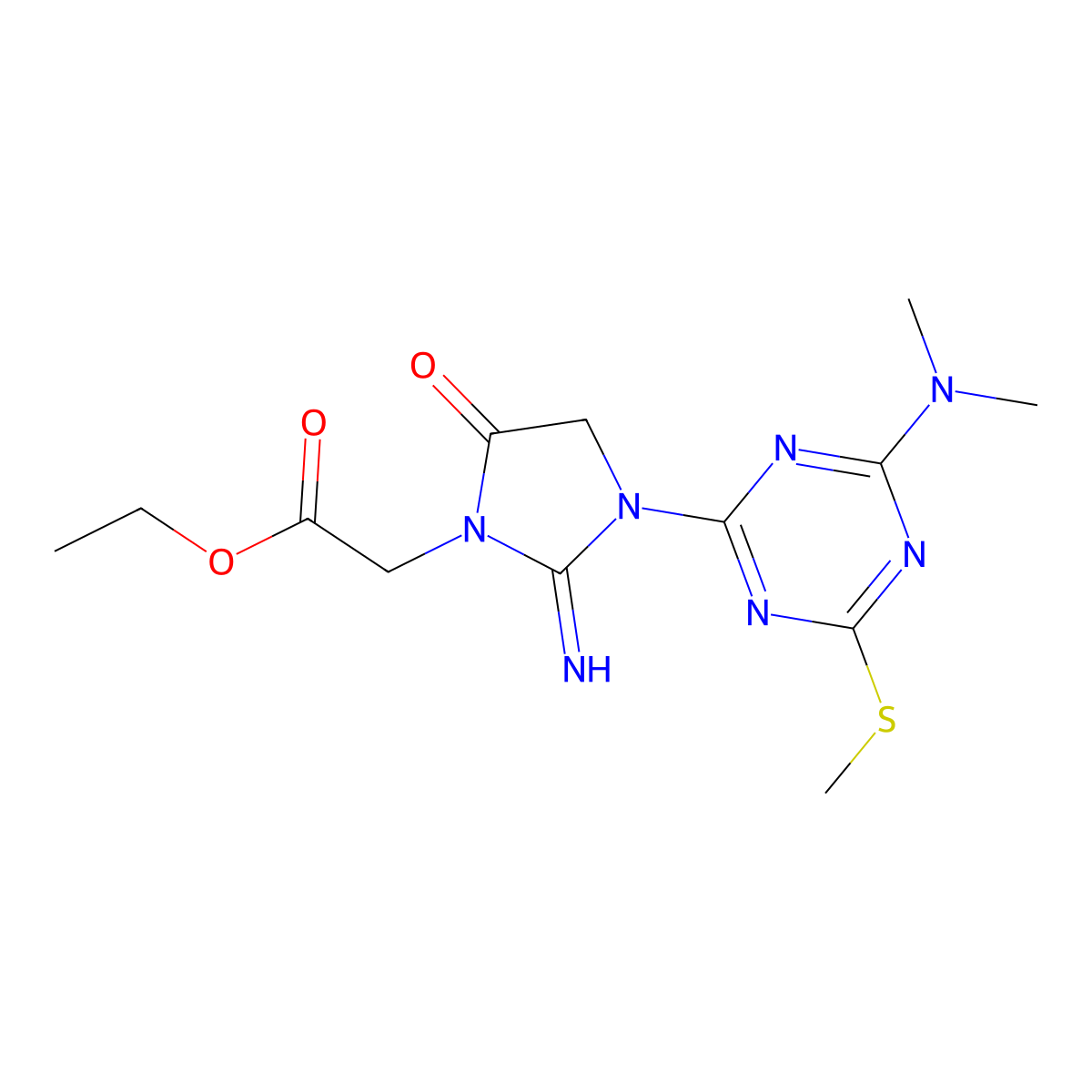 Ethyl 2-[3-[4-(dimethylamino)-6-methylsulfanyl-1,3,5-triazin-2-yl]-2-imino-5-oxoimidazolidin-1-yl]acetate molecular structure, CAS 306318-73-0