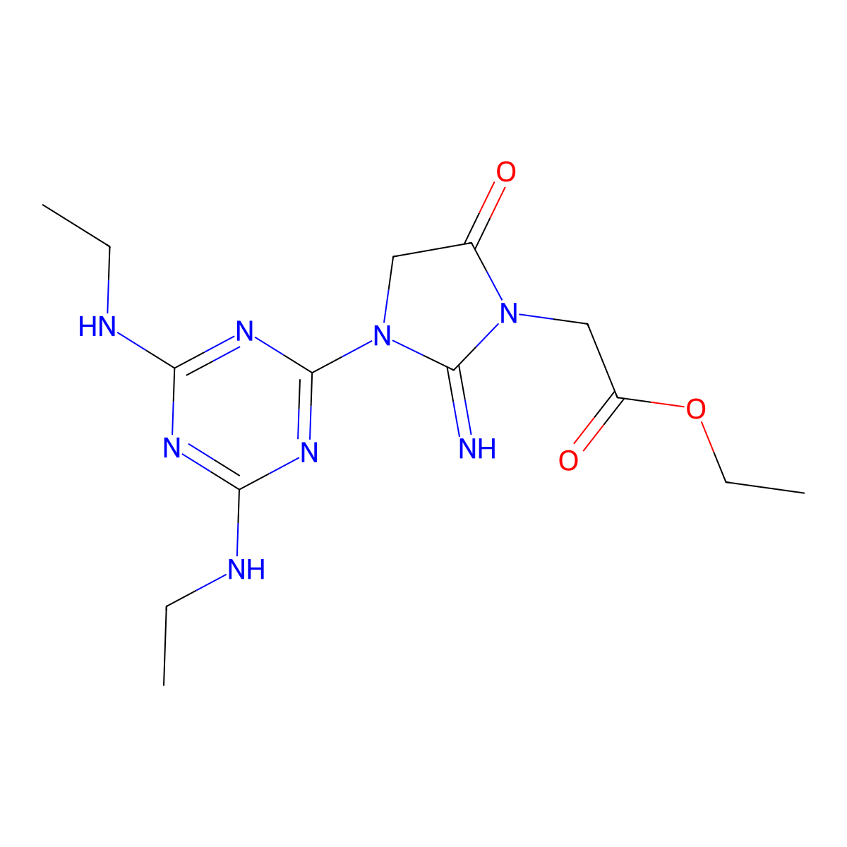 Ethyl {3-[4,6-bis(ethylamino)-1,3,5-triazin-2-yl]-2-imino-5-oxo-1-imidazolidinyl}acetate molecular structure, CAS 306318-76-3