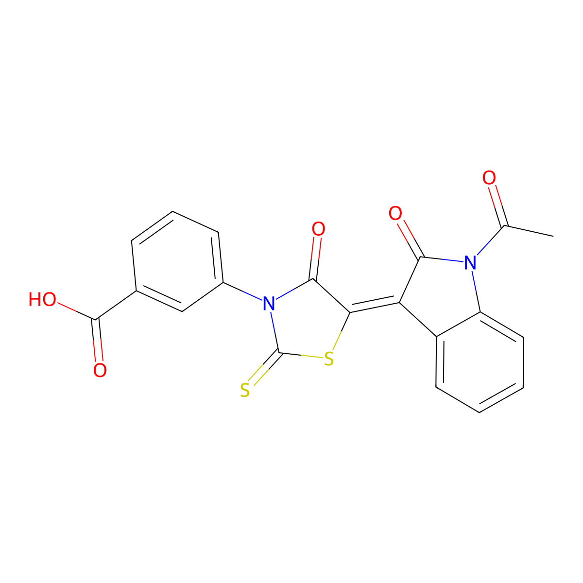 3-[5-(1-Acetyl-1,2-dihydro-2-oxo-3H-indol-3-ylidene)-4-oxo-2-thioxo-3-thiazolidinyl]benzoic acid molecular structure, CAS 306322-10-1