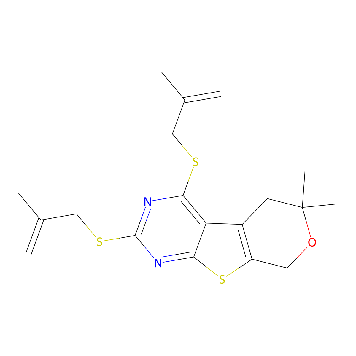 6,6-dimethyl-2,4-bis[(2-methylprop-2-en-1-yl)sulfanyl]-5,8-dihydro-6H-pyrano[4',3':4,5]thieno[2,3-d]pyrimidine molecular structure, CAS 306326-43-2