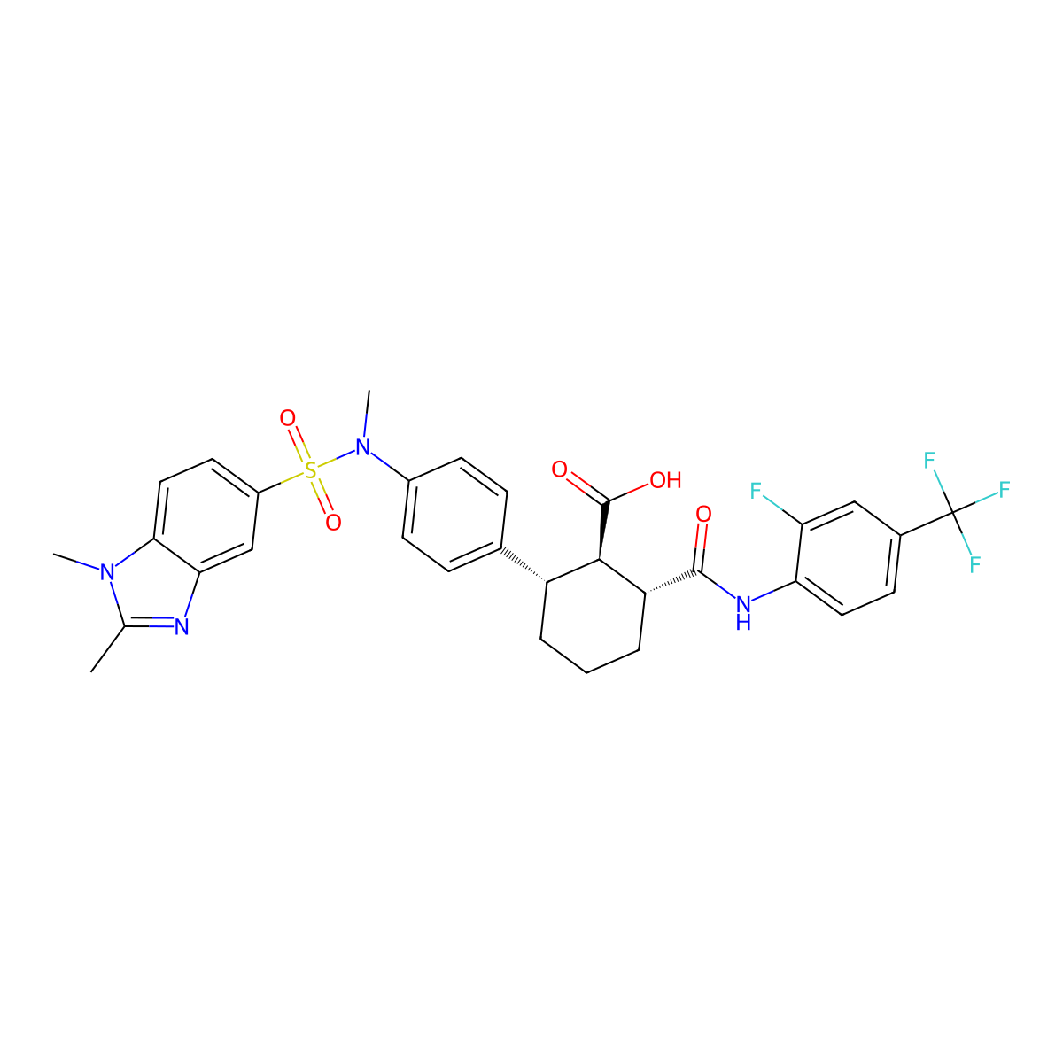 (1R,2R,6S)-2-((2-Fluoro-4-(trifluoromethyl)phenyl)carbamoyl)-6-(4-((N,1,2-trimethyl-1H-benzo[d]imidazole)-5-sulfonamido)phenyl)cyclohexane-1-carboxylic acid molecular structure, CAS 3064599-36-3