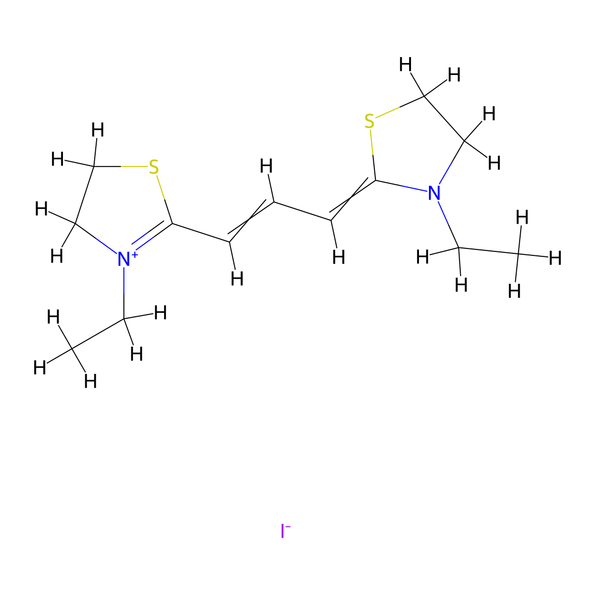 Thiazolium, 3-ethyl-2-(3-(3-ethyl-2-thiazolidinylidene)-1-propen-1-yl)-4,5-dihydro-, iodide (1:1) molecular structure, CAS 3065-71-2