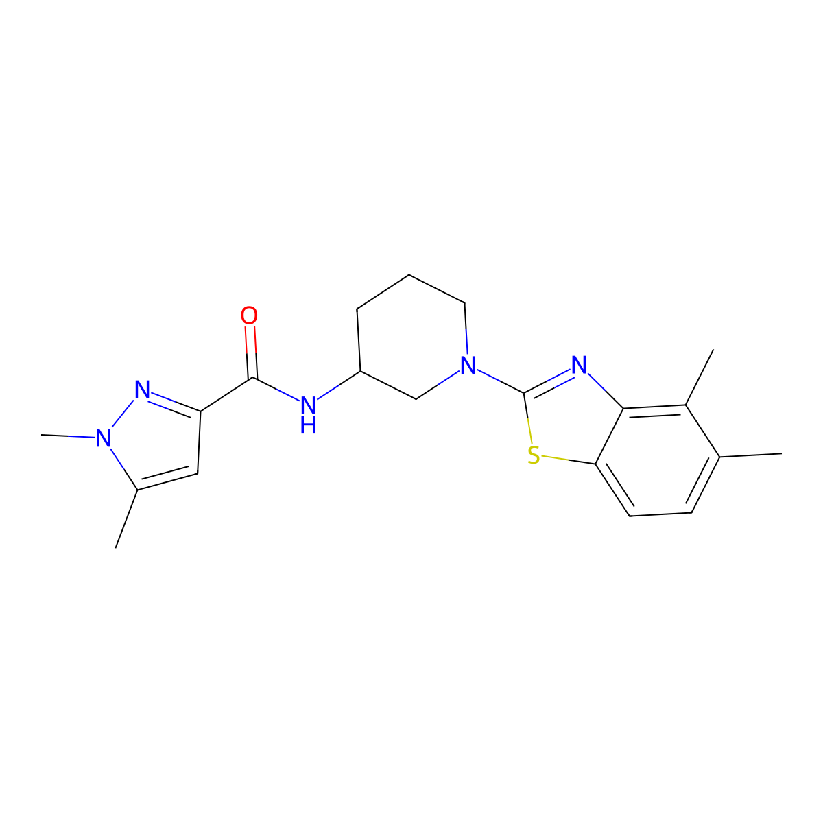 N-[1-(4,5-dimethyl-1,3-benzothiazol-2-yl)piperidin-3-yl]-1,5-dimethylpyrazole-3-carboxamide molecular structure, CAS 3066617-55-5