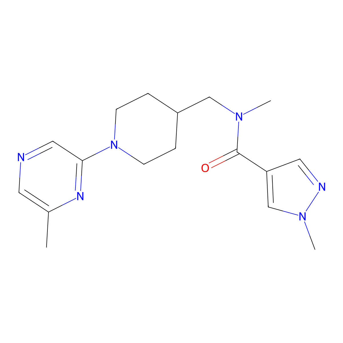 N,1-dimethyl-N-[[1-(6-methylpyrazin-2-yl)piperidin-4-yl]methyl]pyrazole-4-carboxamide molecular structure, CAS 3066621-08-4
