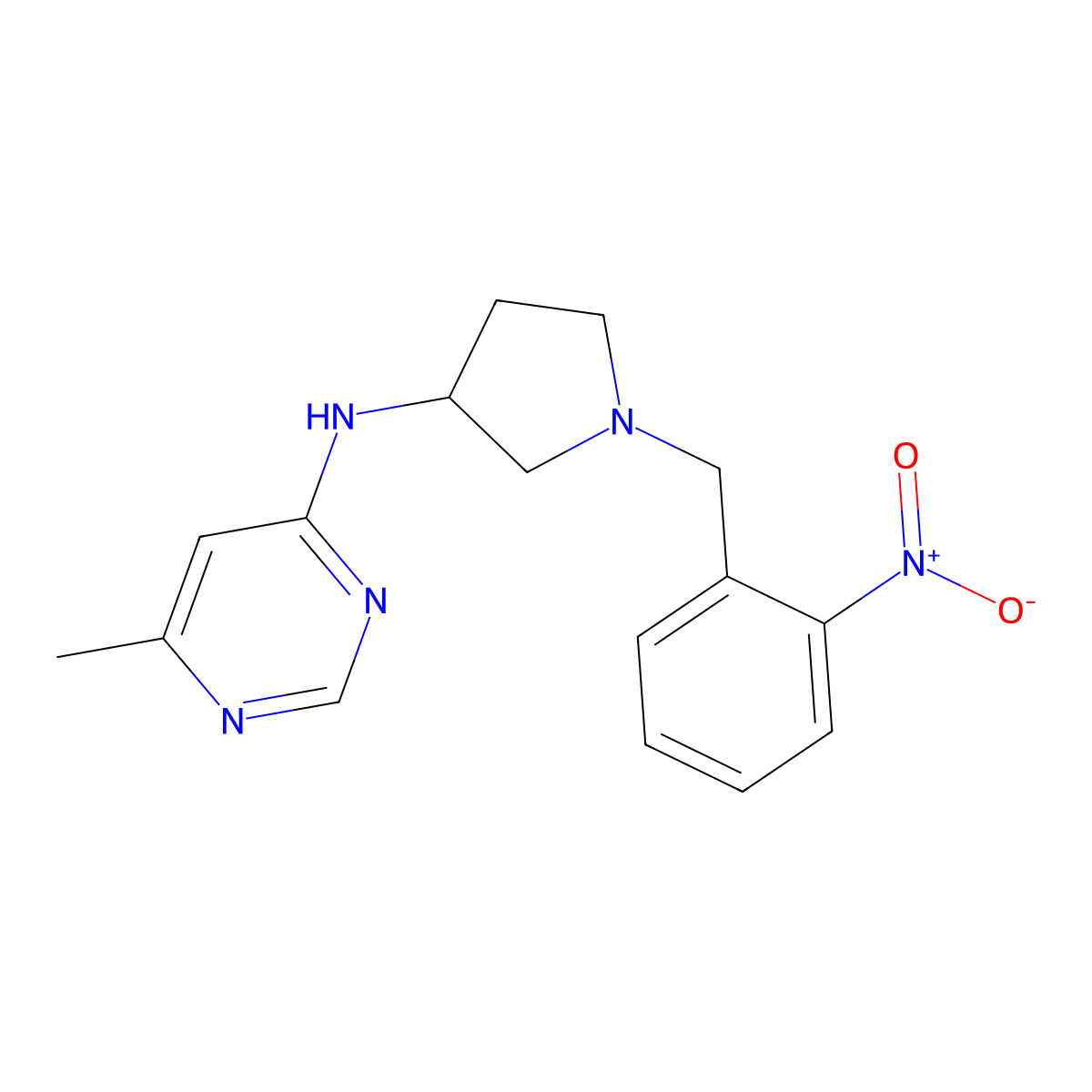 6-methyl-N-[1-[(2-nitrophenyl)methyl]pyrrolidin-3-yl]pyrimidin-4-amine molecular structure, CAS 3066627-87-7