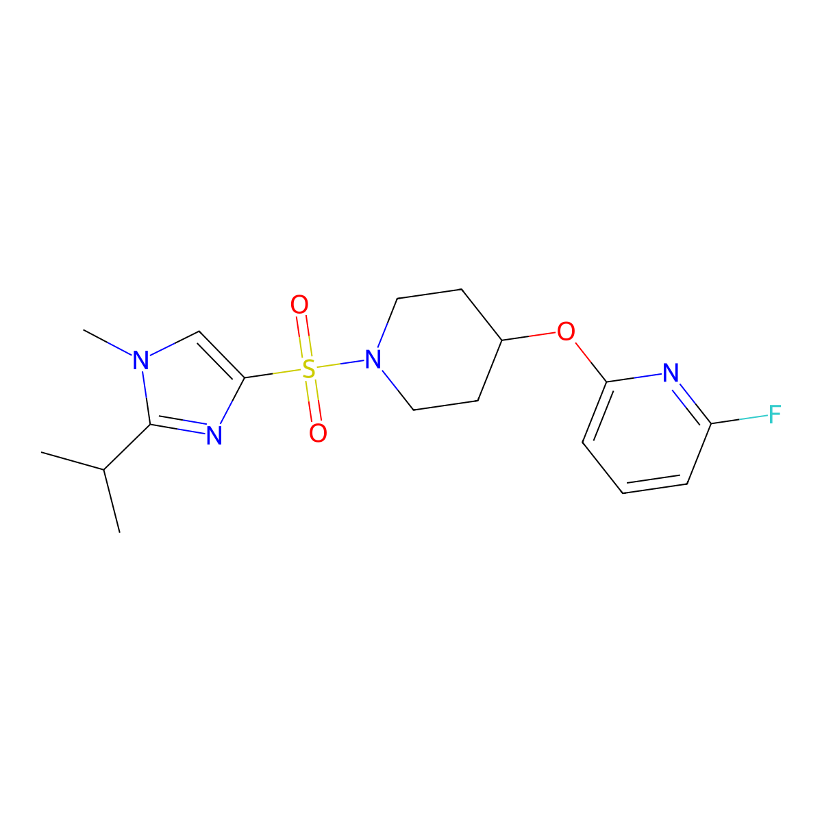 2-Fluoro-6-[1-(1-methyl-2-propan-2-ylimidazol-4-yl)sulfonylpiperidin-4-yl]oxypyridine molecular structure, CAS 3066629-04-4