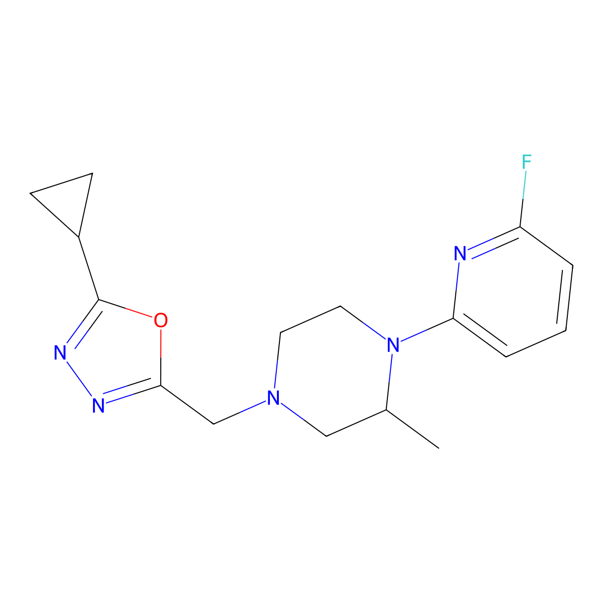4-[(5-Cyclopropyl-1,3,4-oxadiazol-2-yl)methyl]-1-(6-fluoropyridin-2-yl)-2-methylpiperazine molecular structure, CAS 3066631-23-7