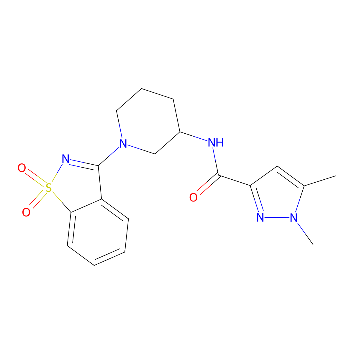 N-[1-(1,1-dioxo-1,2-benzothiazol-3-yl)piperidin-3-yl]-1,5-dimethylpyrazole-3-carboxamide molecular structure, CAS 3066642-60-9