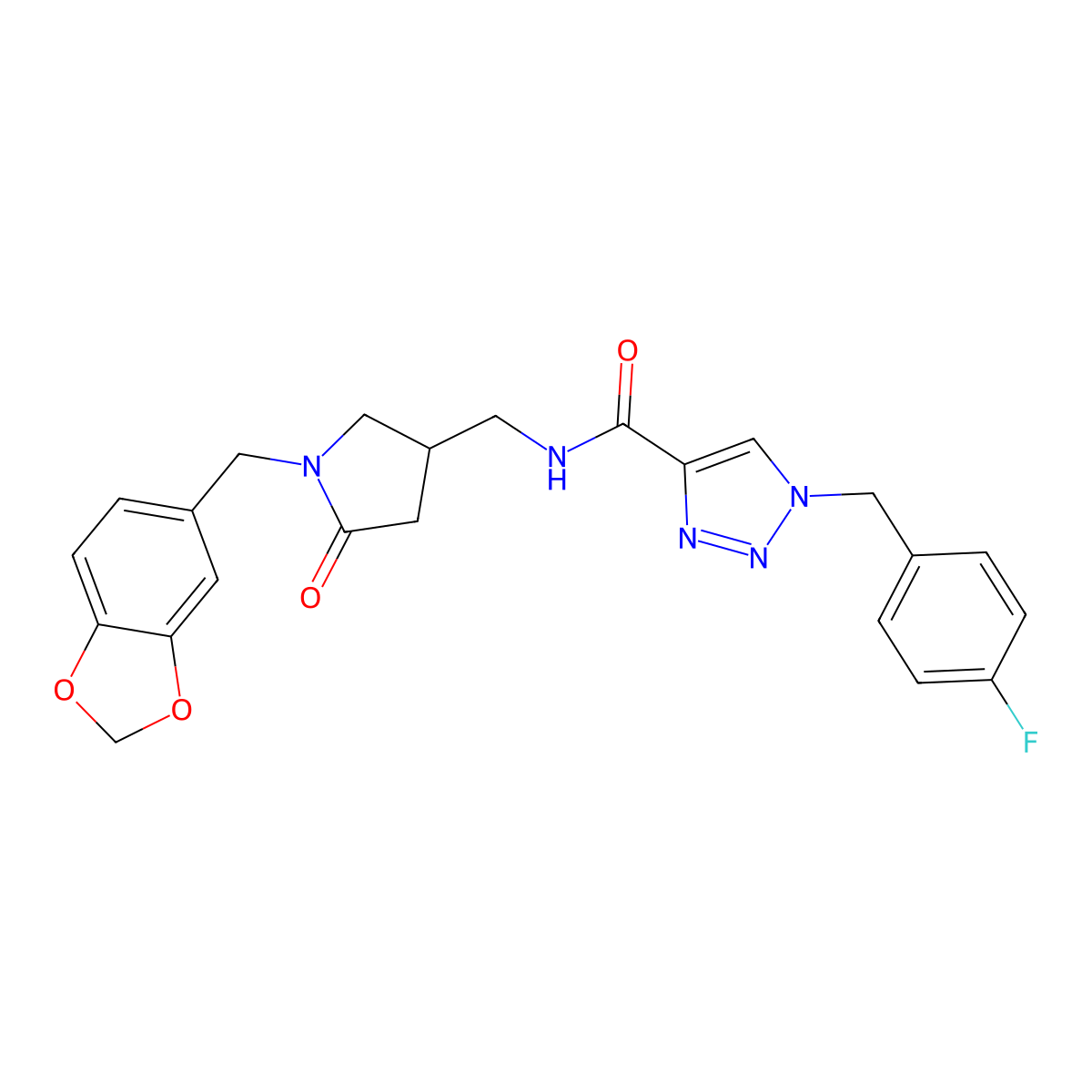 N-[[1-(1,3-benzodioxol-5-ylmethyl)-5-oxopyrrolidin-3-yl]methyl]-1-[(4-fluorophenyl)methyl]triazole-4-carboxamide molecular structure, CAS 3066649-38-2