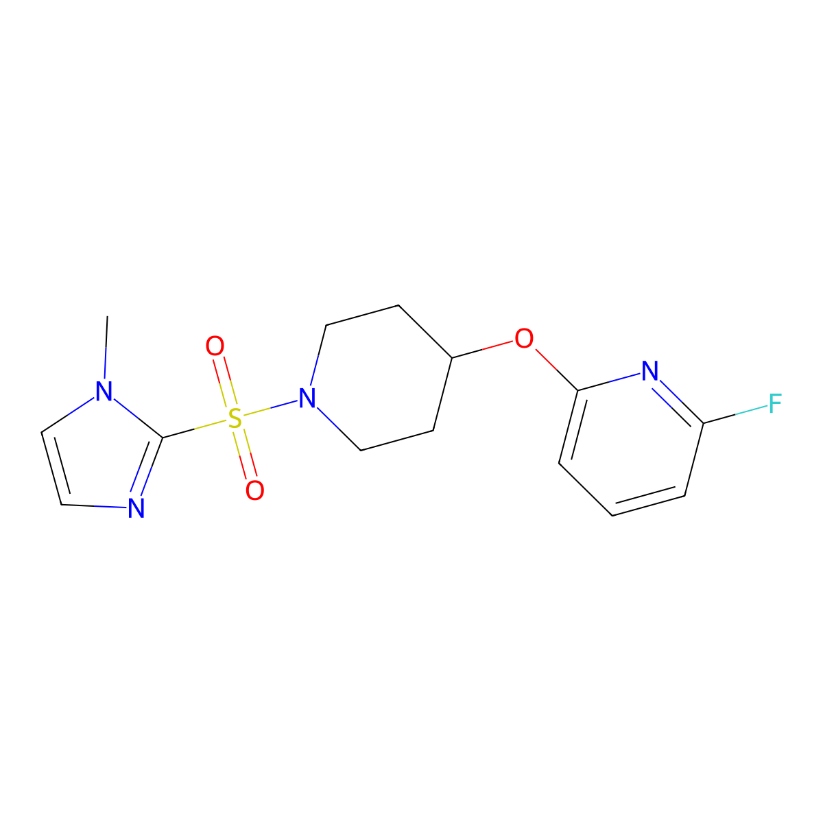 2-Fluoro-6-[1-(1-methylimidazol-2-yl)sulfonylpiperidin-4-yl]oxypyridine molecular structure, CAS 3066650-69-6