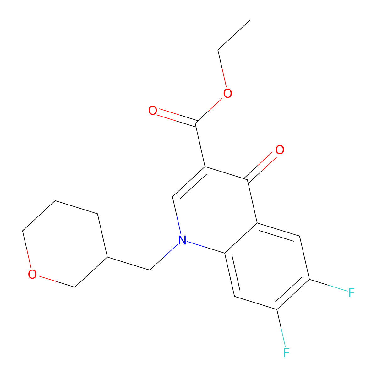 Ethyl 6,7-difluoro-1-(oxan-3-ylmethyl)-4-oxoquinoline-3-carboxylate molecular structure, CAS 3066654-28-9