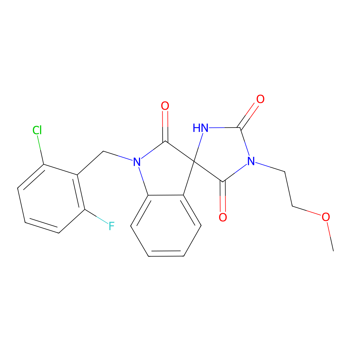 1'-[(2-Chloro-6-fluorophenyl)methyl]-3-(2-methoxyethyl)spiro[imidazolidine-5,3'-indole]-2,2',4-trione molecular structure, CAS 3066654-32-5