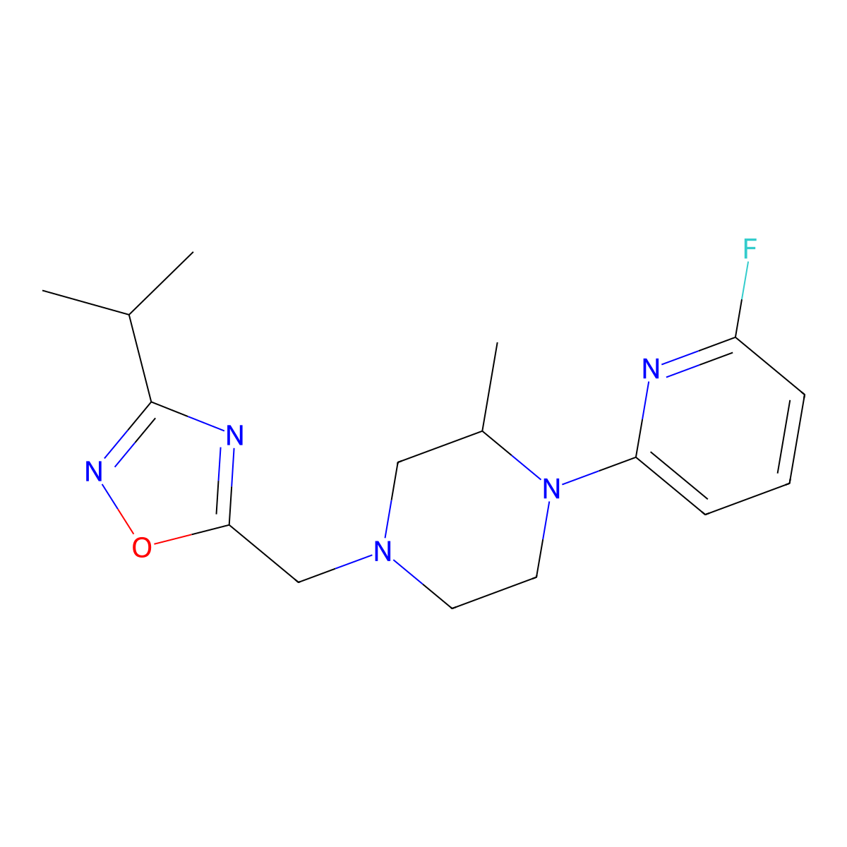 5-[[4-(6-Fluoropyridin-2-yl)-3-methylpiperazin-1-yl]methyl]-3-propan-2-yl-1,2,4-oxadiazole molecular structure, CAS 3066654-98-3